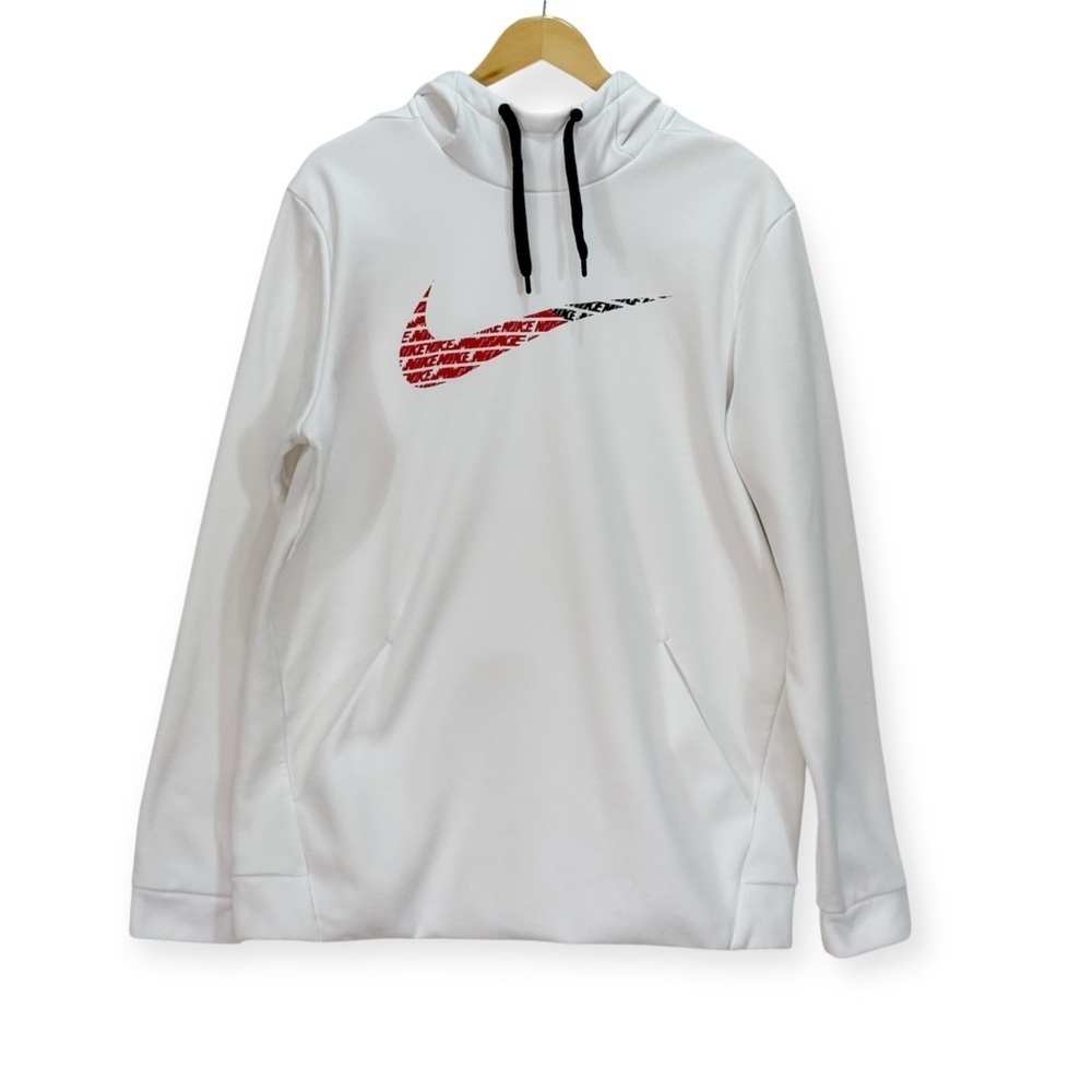 Nike Dri-Fit Hoodie Large White Red Black Swoosh Pullover Sweatshirt Athletic